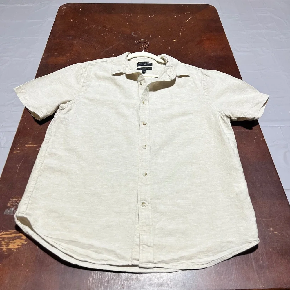 Banana Republic Mens Slim Fit Linen Cotton Short Sleeve Shirt Beige 585585-04 M
